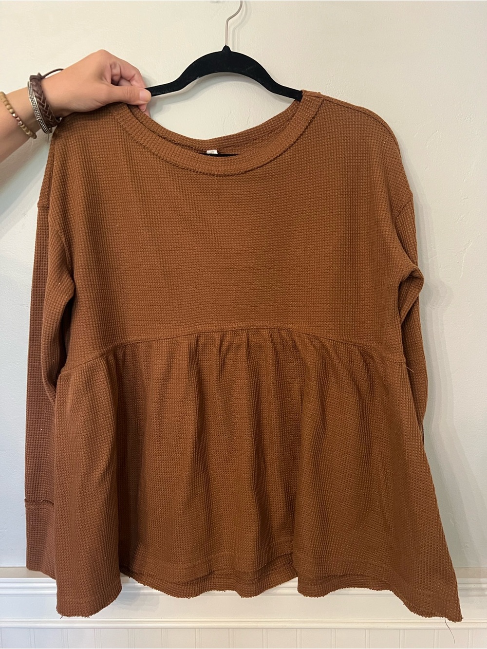Women’s Waffle Knit Peplum Long-Sleeve Top - Brown